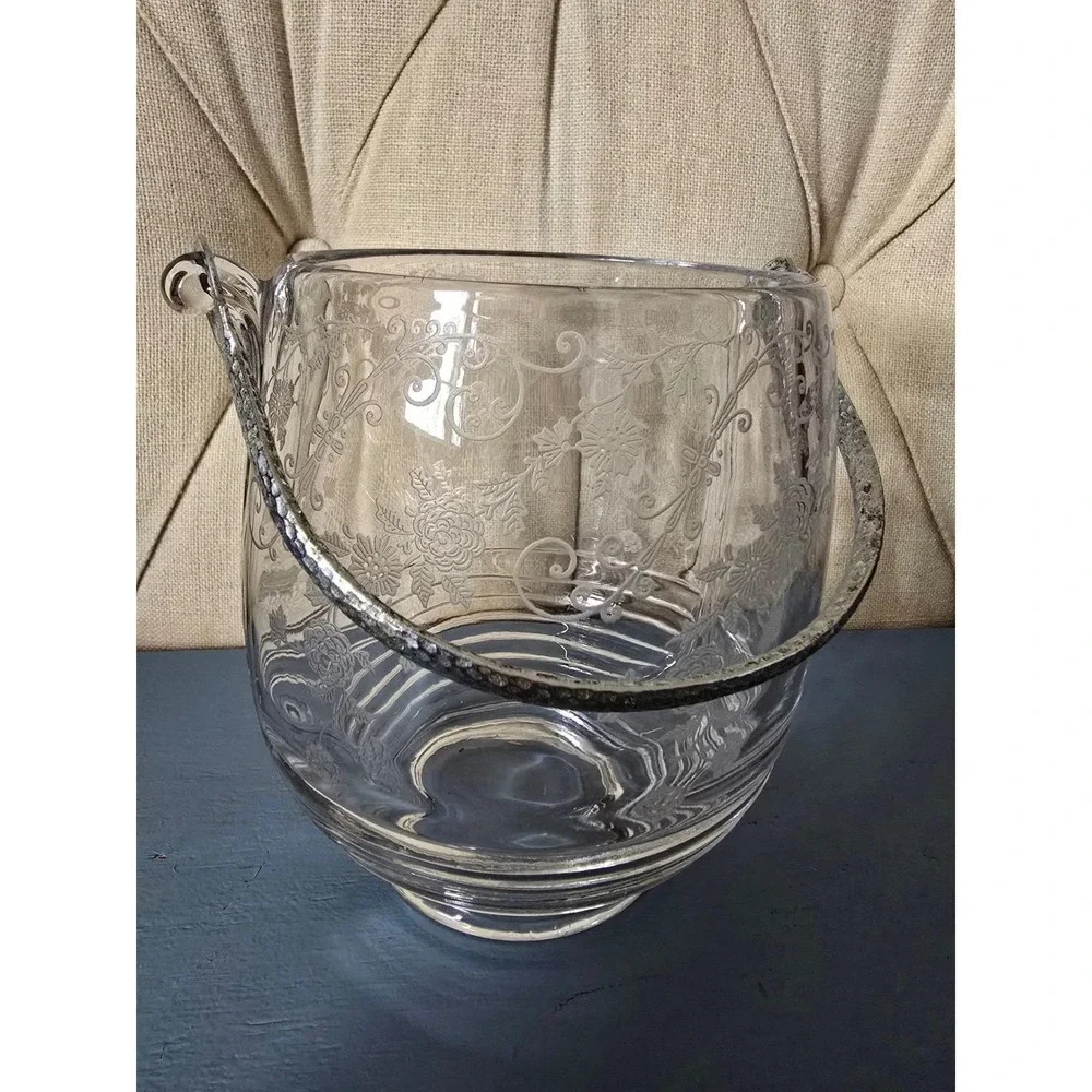 Vintage Depression Style Etched Floral Glass Ice Bucket With Metal Handle